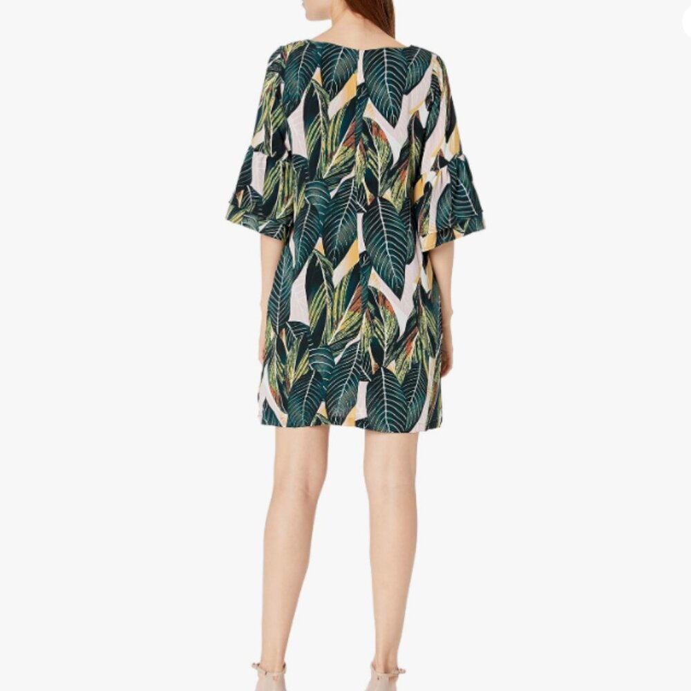 BELONGSCI Dress Womens Size XL Green Tropical Hawaiian Mini Ruffle Bell Sleeve - Picture 2 of 10